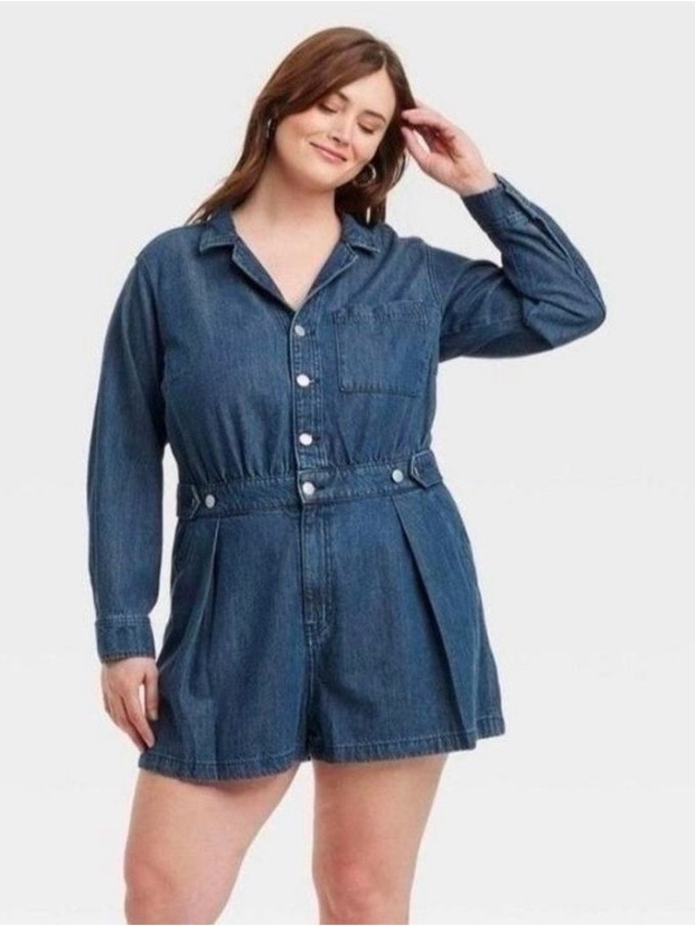 Plus-Size Denim Romper in Dark Blue